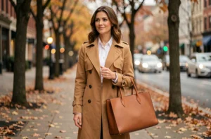 Femme élégante portant un trench coat camel et un sac en cuir cognac dans une rue arborée en automne, style Jennifer Garner