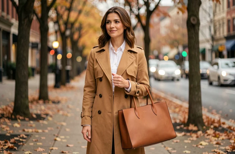 Femme élégante portant un trench coat camel et un sac en cuir cognac dans une rue arborée en automne, style Jennifer Garner