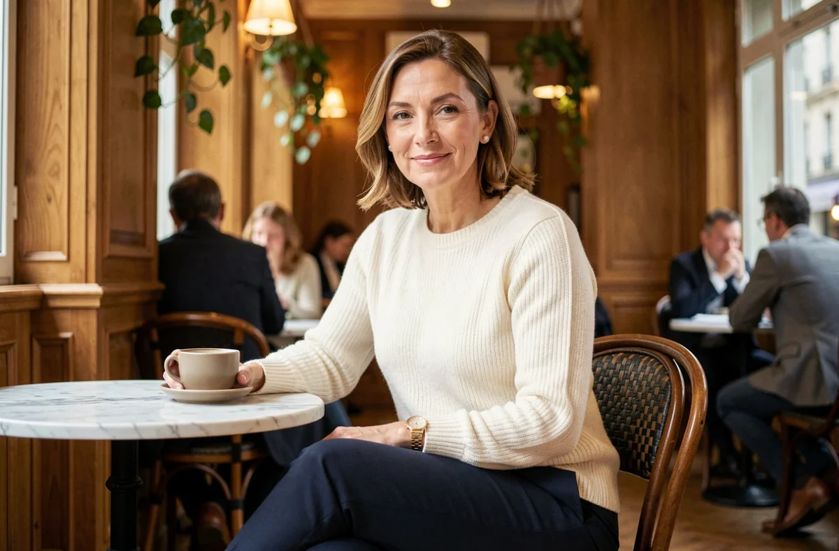 Femme chic en pull cachemire crème et montre dorée attablée dans un café parisien, look accessoires tendance style Jennifer Garner