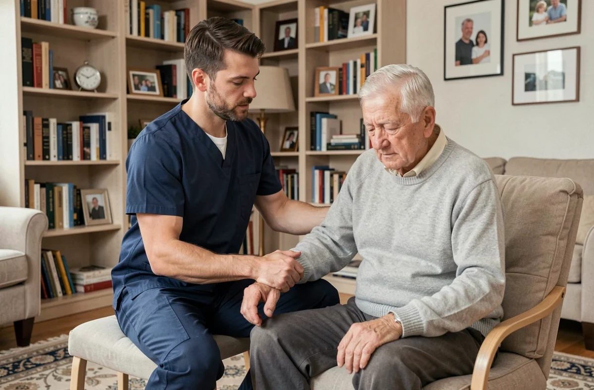 Un aide à domicile professionnel aidant un senior lors d'un exercice de kinésithérapie dans un appartement, représentant les services d'assistance à domicile pour personnes âgées