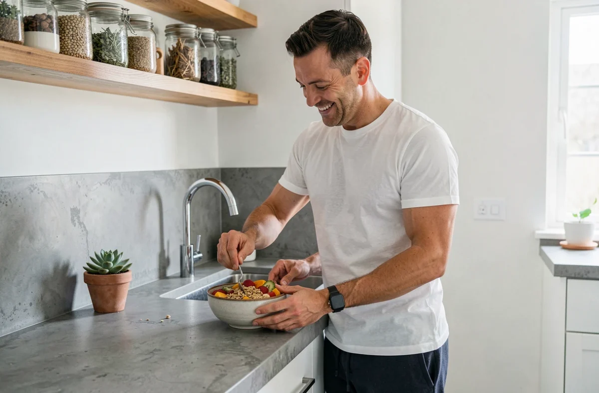 Homme préparant un bol de smoothie sain dans une cuisine moderne pour illustrer des astuces simples de bien-être au quotidien