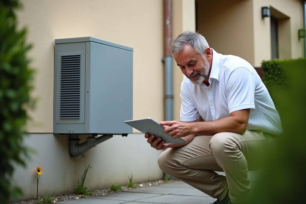 Technicien évaluant les performances d'une pompe à chaleur installée dans le jardin d'une maison dans le cadre d'un audit énergétique