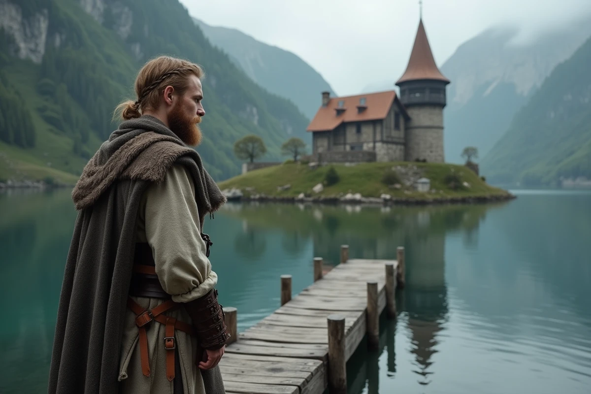 Aventurier médiéval observant un manoir au bord d'un lac dans un univers inspiré de Skyrim