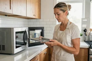 Femme tenant une barquette en aluminium devant un micro-ondes ouvert dans une cuisine moderne, expression prudente