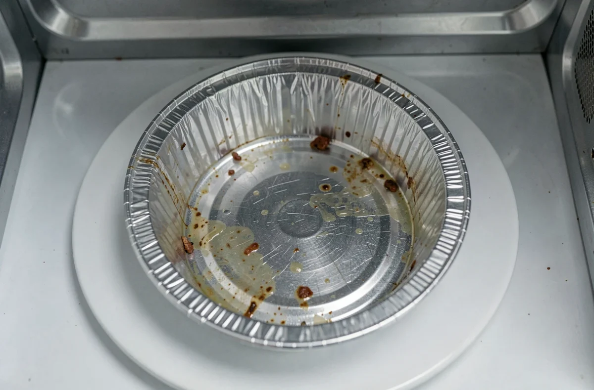 Gros plan d'une barquette aluminium usagée posée sur le plateau tournant d'un micro-ondes, vue du dessus