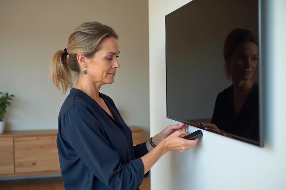 Femme branchant un Mi TV Stick dans le port HDMI d'un téléviseur mural pour accéder à la TNT