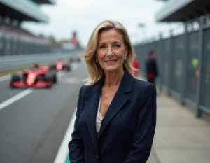 Femme élégante d'une cinquantaine d'années dans un paddock de Formule 1, mère discrète d'un pilote de course