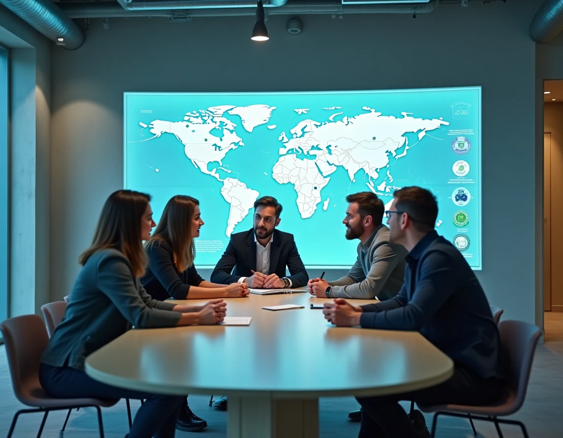 Équipe diversifiée collaborant autour de projections de données dans un laboratoire de ville intelligente, représentant les grandes transformations sociales et urbaines prévues en 2028