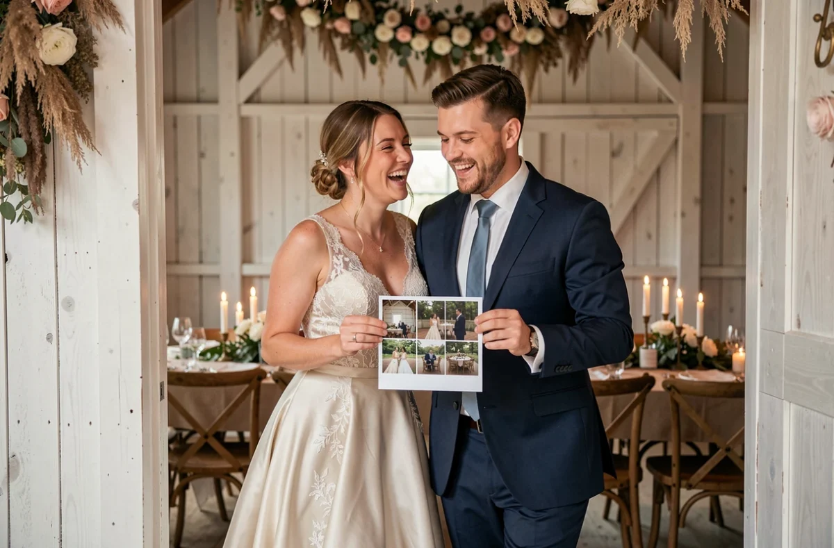 Couple de mariés tenant une planche de photos souvenir imprimée par une ShootnBox lors de leur mariage