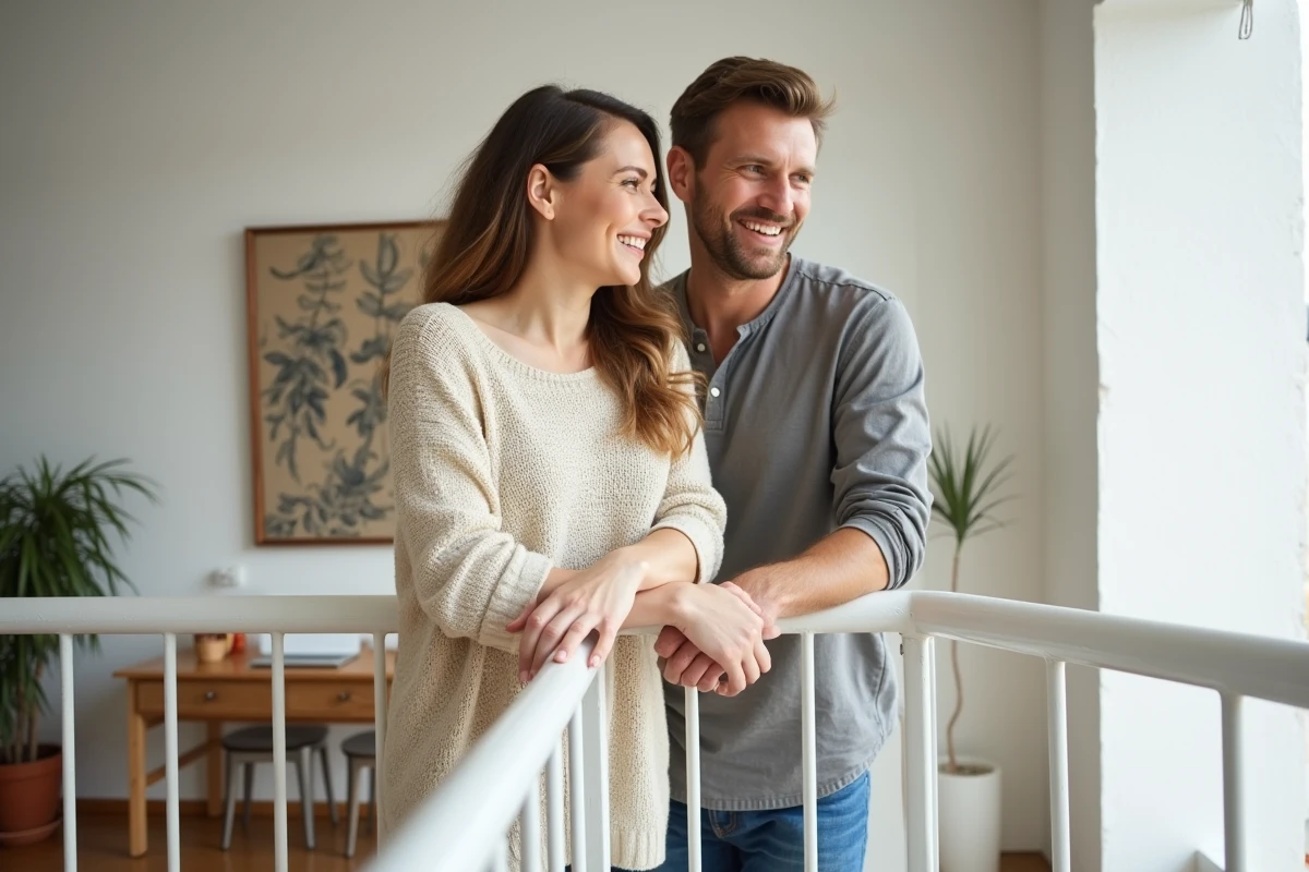Couple dans un appartement duplex appuyé sur la rambarde de la mezzanine avec vue sur le salon en contrebas