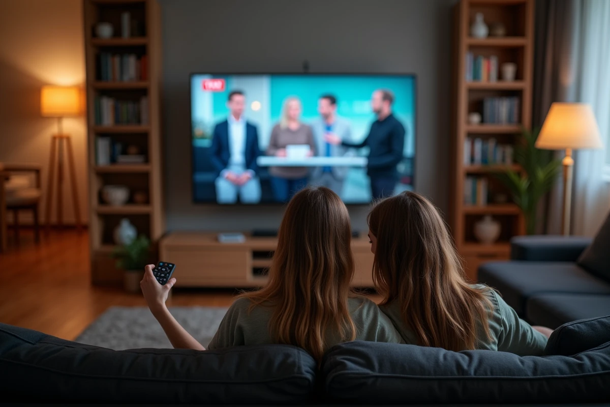 Couple regardant la TNT sur un téléviseur connecté via un Mi TV Stick dans un salon confortable