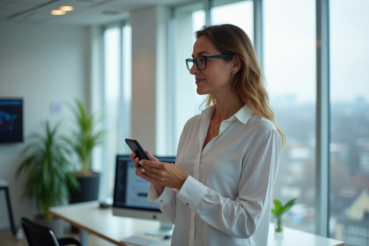 Femme professionnelle consultant son smartphone pour résoudre un problème de connexion au bureau