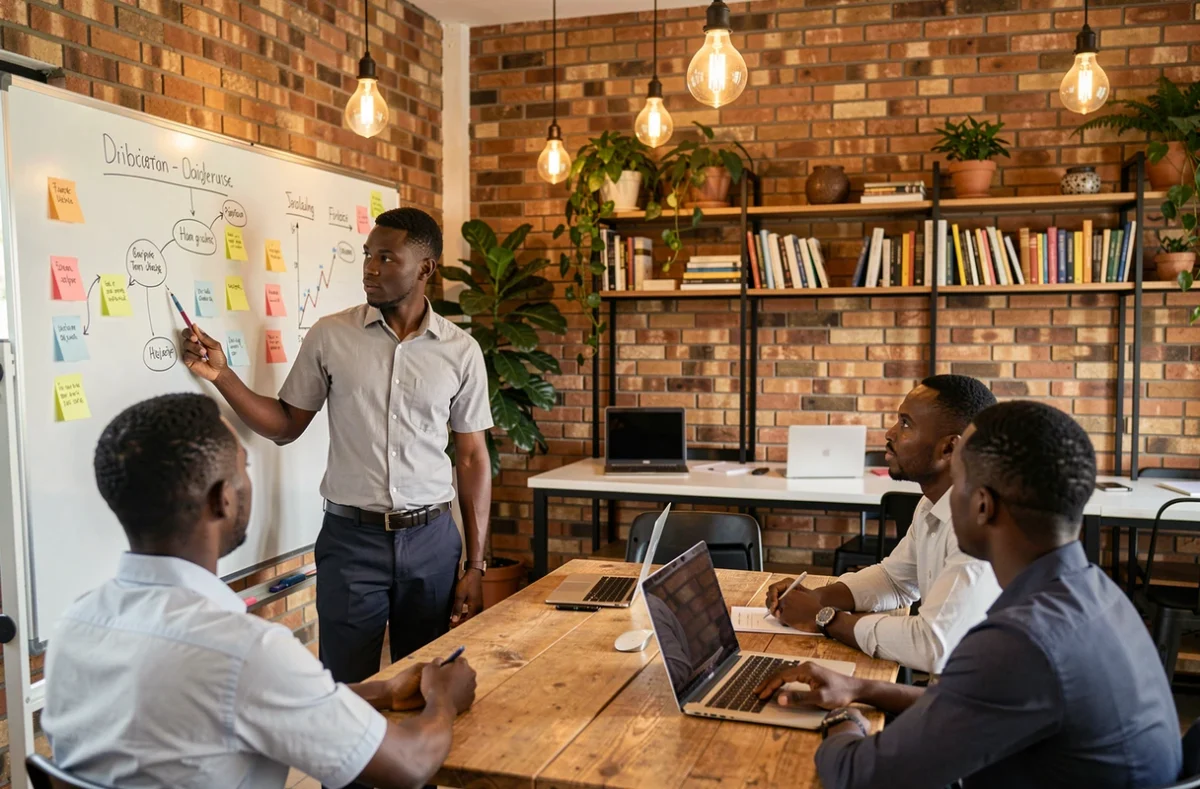 Entrepreneur ivoirien présentant une stratégie commerciale dans un espace de coworking moderne à Abidjan