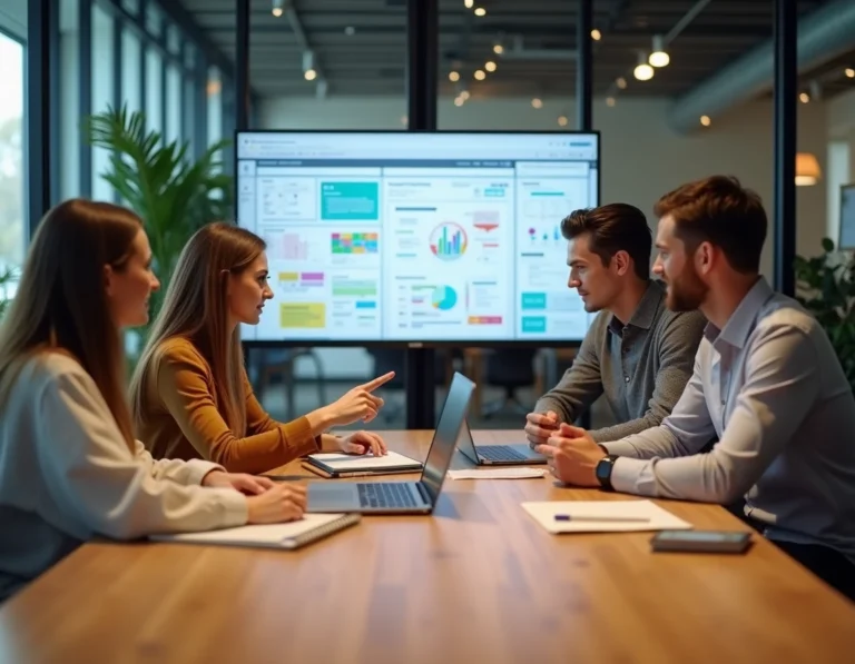 Équipe de professionnels collaborant autour d'une table de réunion avec des outils numériques partagés en entreprise