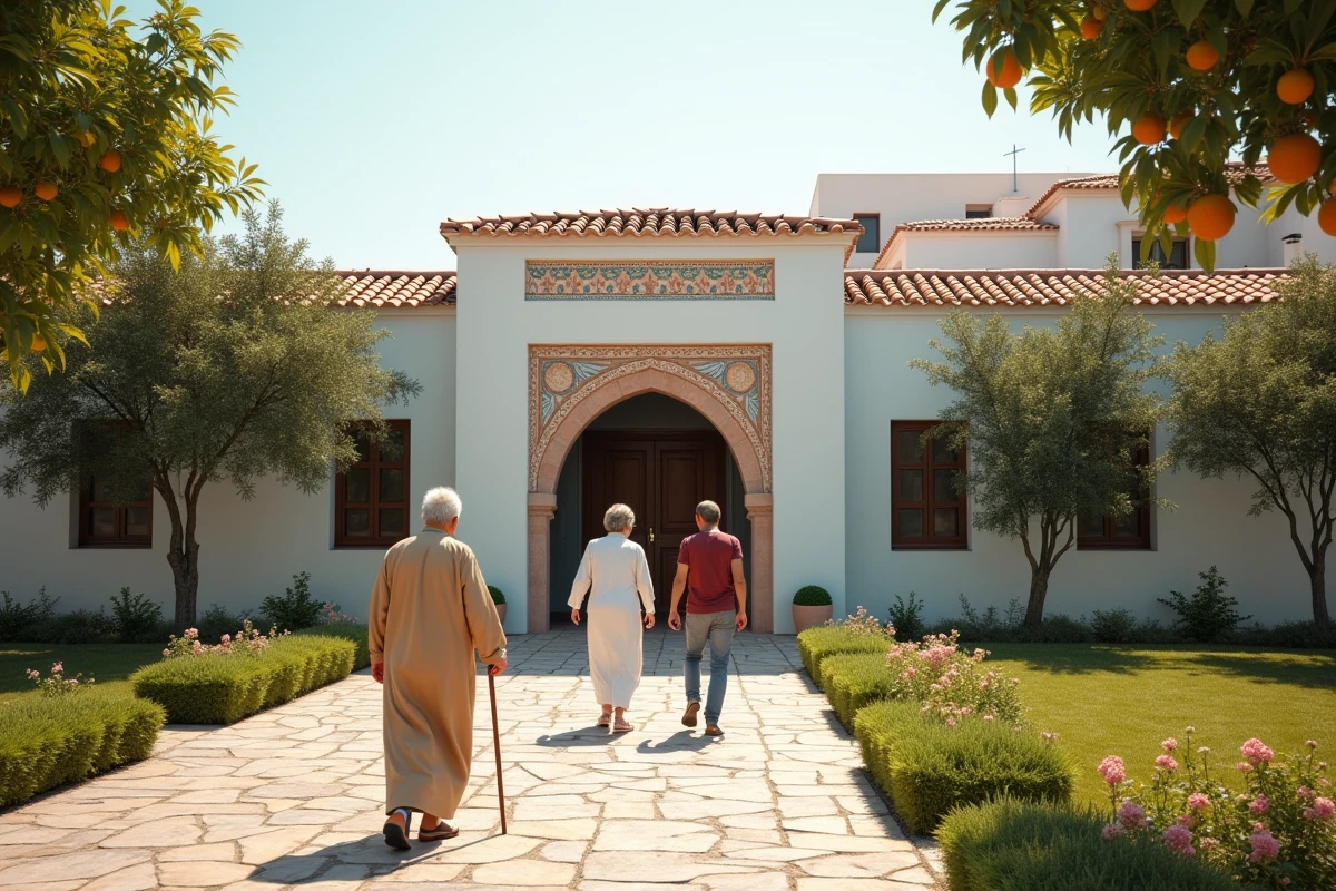 Extérieur d'un EHPAD moderne au Maroc avec jardin, architecture traditionnelle et résident accompagné d'un proche