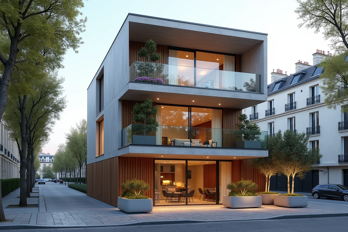 Façade extérieure d'un appartement duplex contemporain avec terrasse privée dans un quartier résidentiel urbain européen