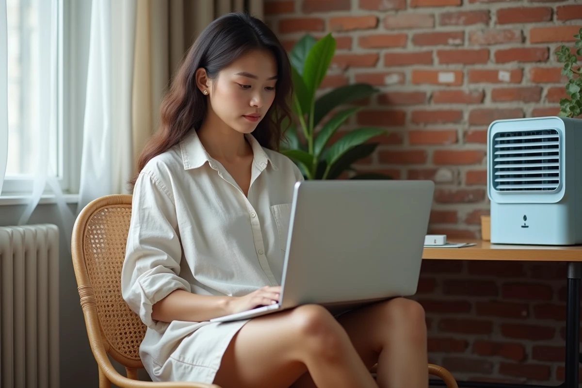 Femme travaillant à domicile avec un rafraîchisseur d'air posé sur son bureau dans un appartement urbain