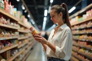 Femme comparant des étiquettes de produits en supermarché pour trouver le meilleur rapport qualité-prix