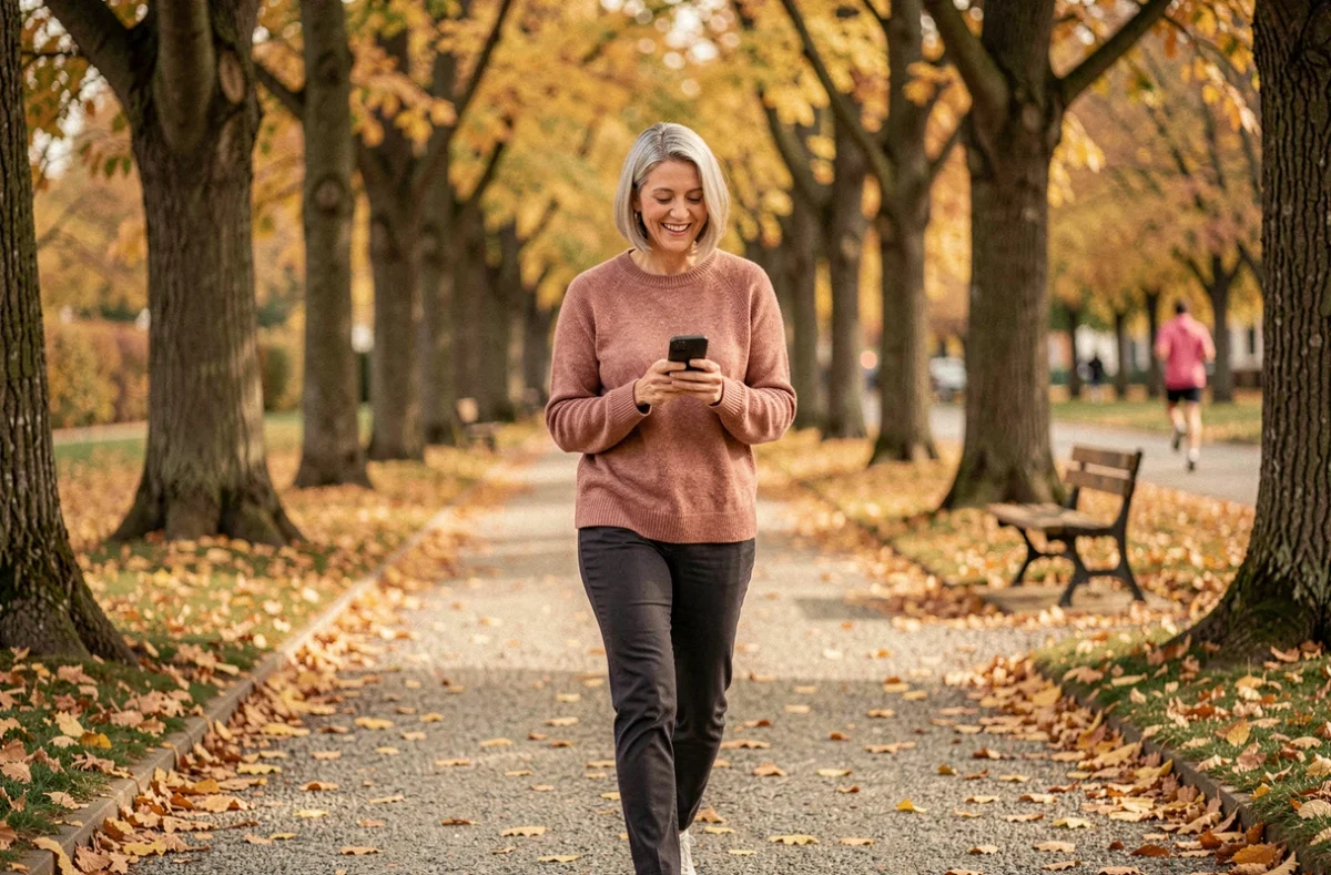 Femme épanouie d'âge mûr se promenant dans un parc en automne avec téléphone et sourire naturel