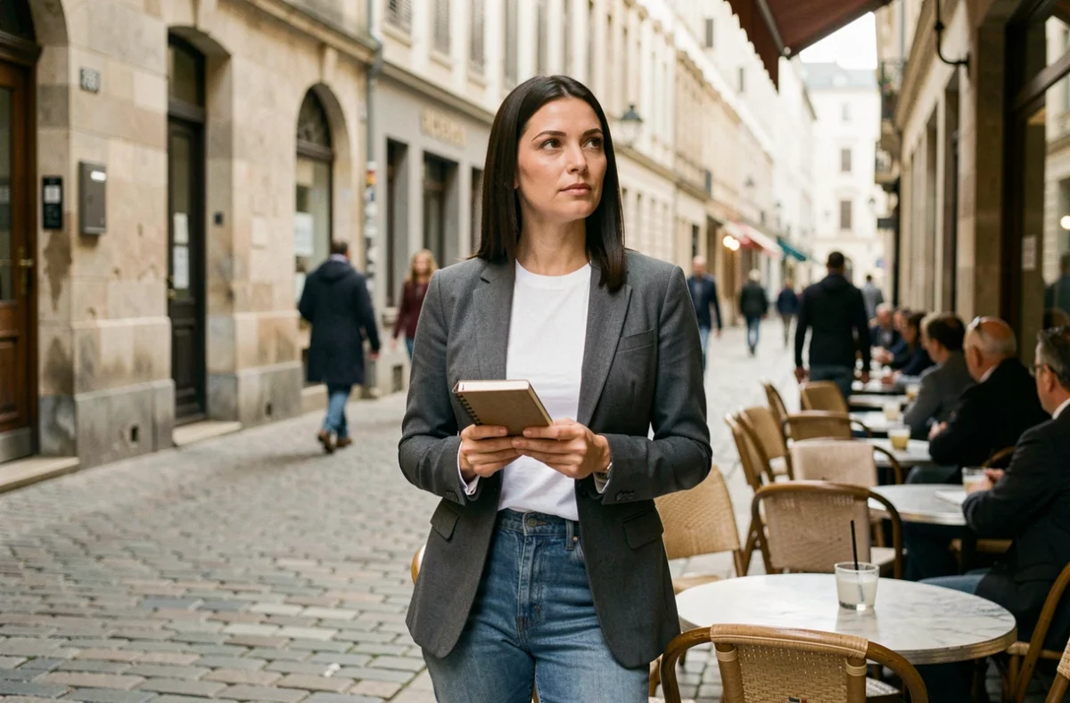 Femme moderne confiante prenant des notes dans un café en terrasse au cœur d'une ville européenne