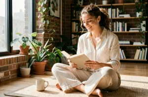 Femme moderne épanouie lisant dans son appartement minimaliste avec plantes et lumière naturelle