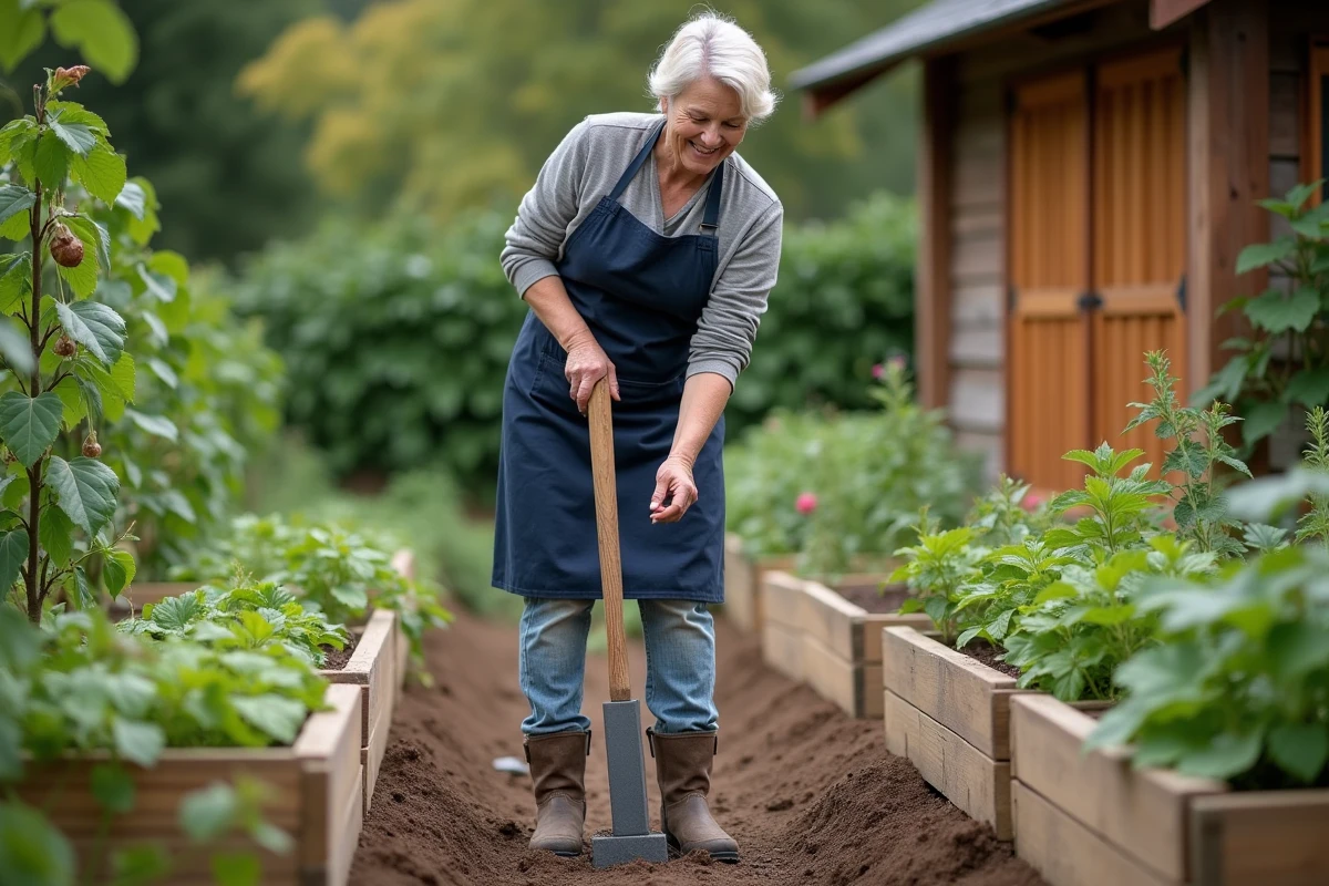 Femme utilisant un maillet pour enfoncer un piquet de schiste dans un potager