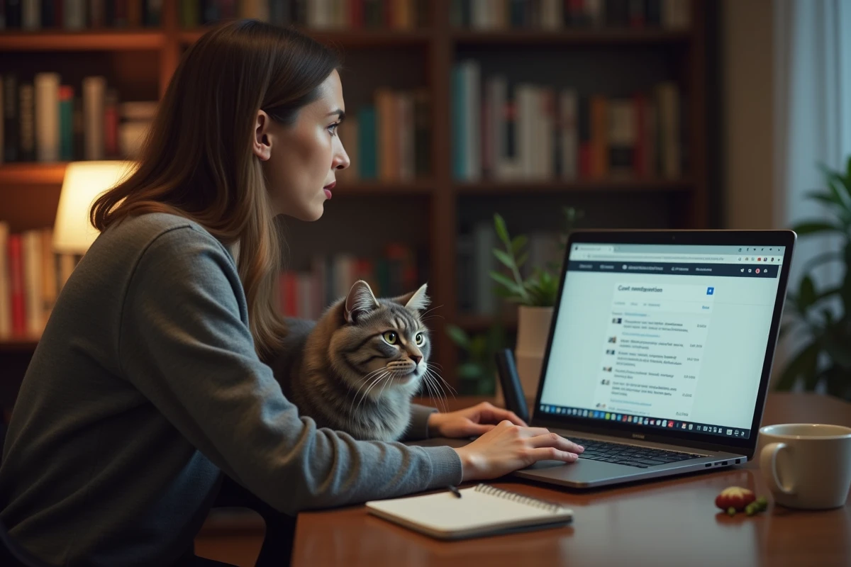Femme inquiète cherchant des informations sur la contraception du chat sans ordonnance sur un ordinateur portable à son bureau à domicile