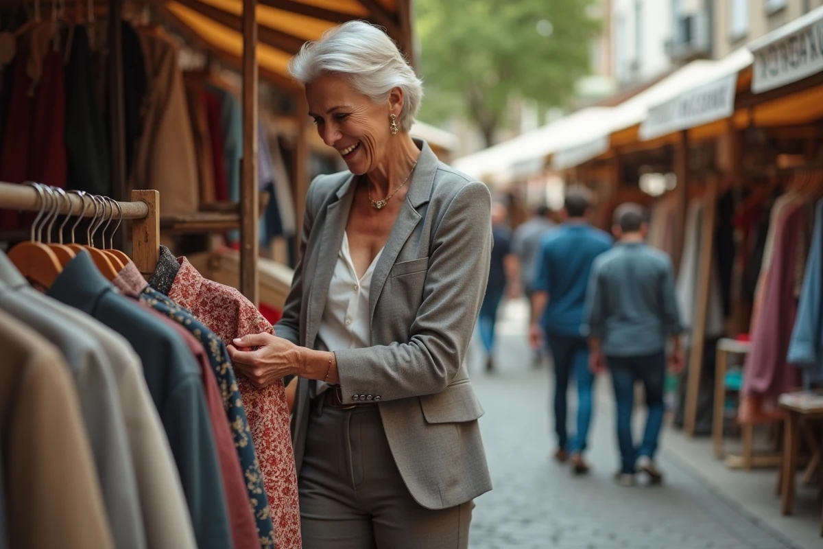 Femme faisant du shopping malin dans un marché aux puces pour dénicher des vêtements de qualité à petit prix