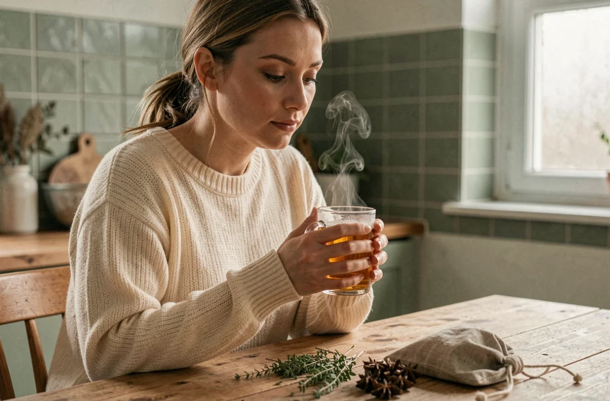Femme tenant une tasse de tisane minceur naturelle dans une cuisine rustique au style scandinave