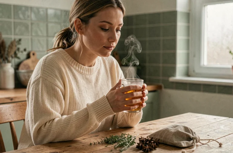 Femme tenant une tasse de tisane minceur naturelle dans une cuisine rustique au style scandinave