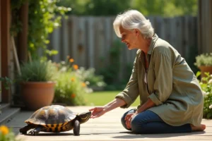 Une femme d'âge mûr interagit avec une tortue boîte dans un jardin, illustrant la reconnaissance possible entre tortue et son propriétaire