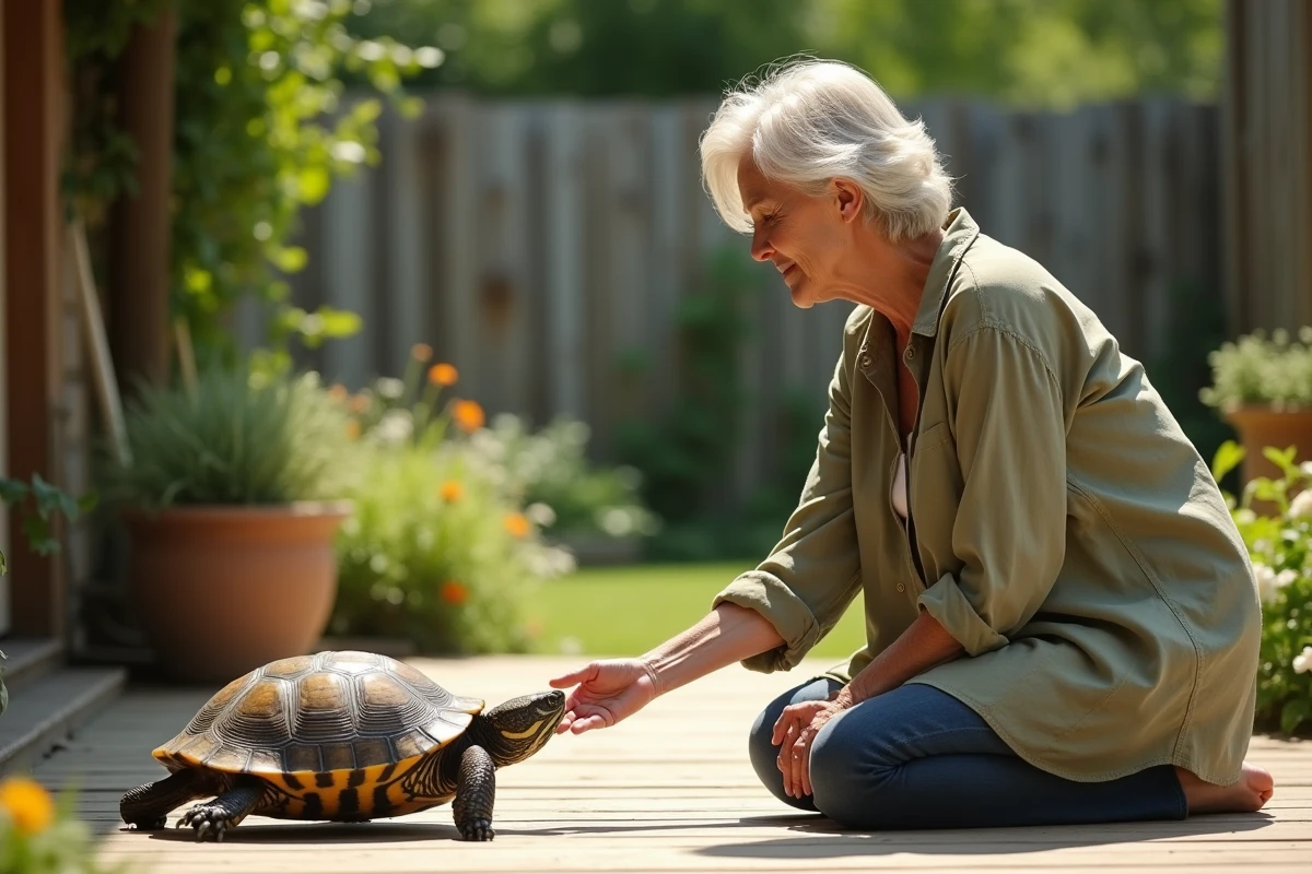 Une femme d'âge mûr interagit avec une tortue boîte dans un jardin, illustrant la reconnaissance possible entre tortue et son propriétaire