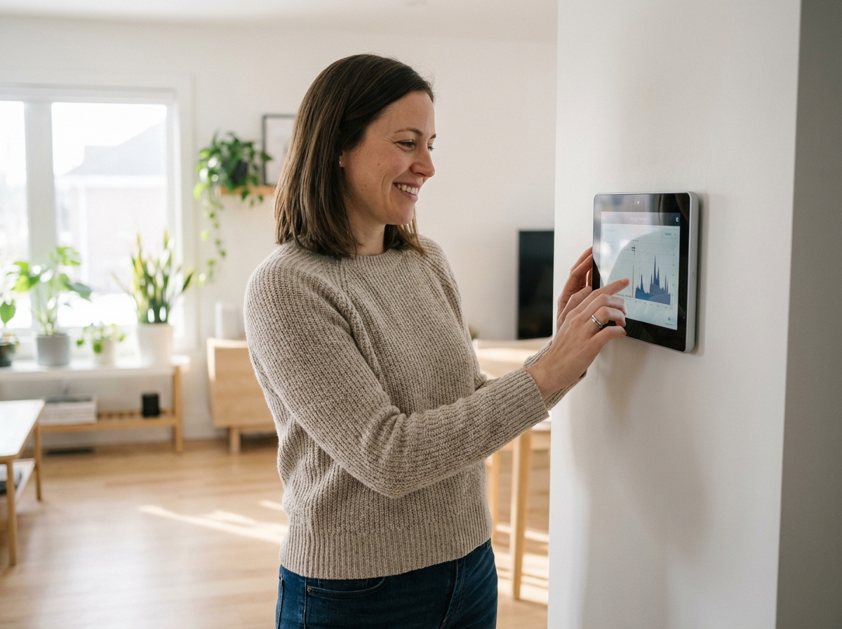 Jeune femme vérifiant un moniteur d énergie dans sa maison