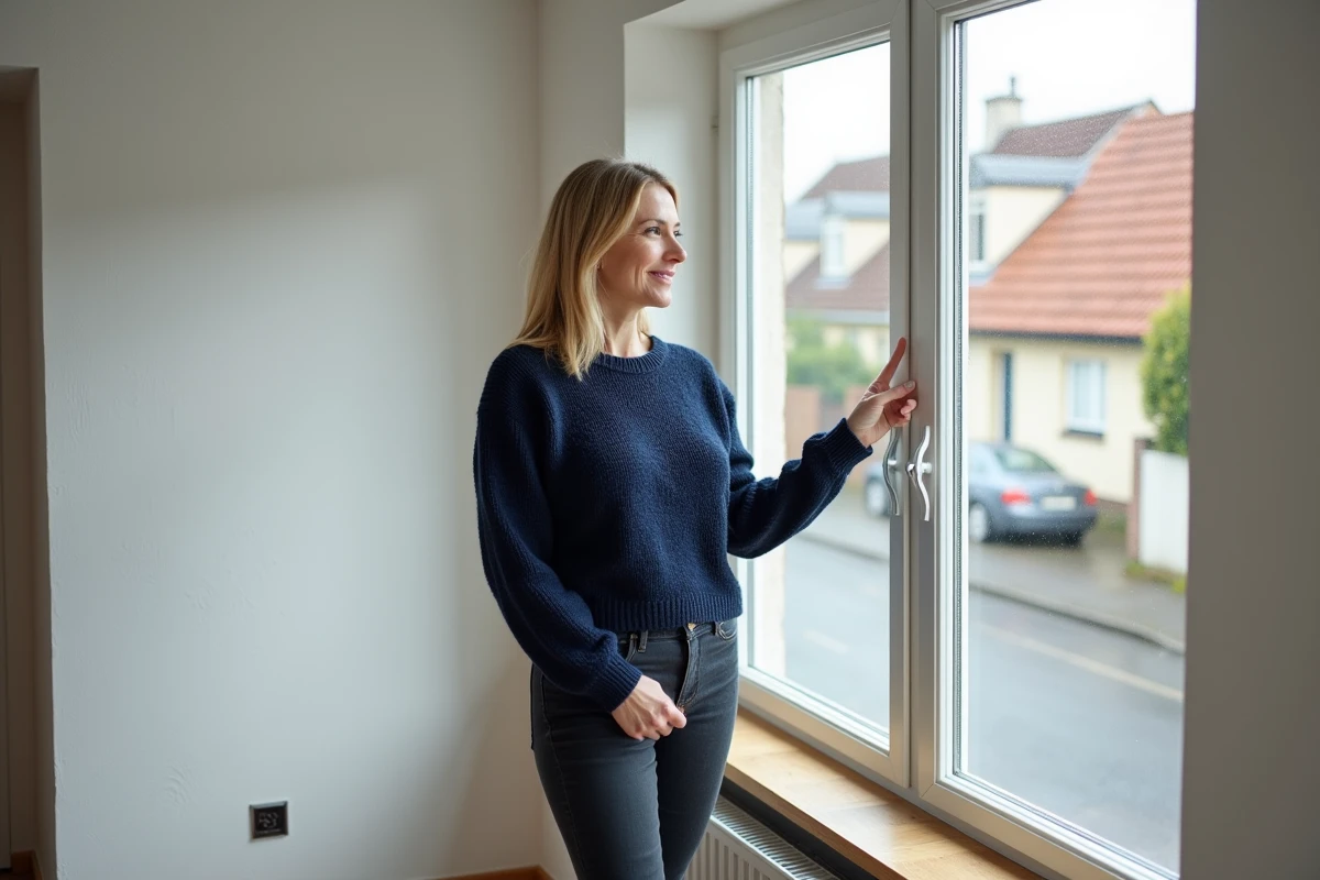 Femme admirant les nouvelles fenêtres à double vitrage installées dans son salon lors de travaux de rénovation thermique