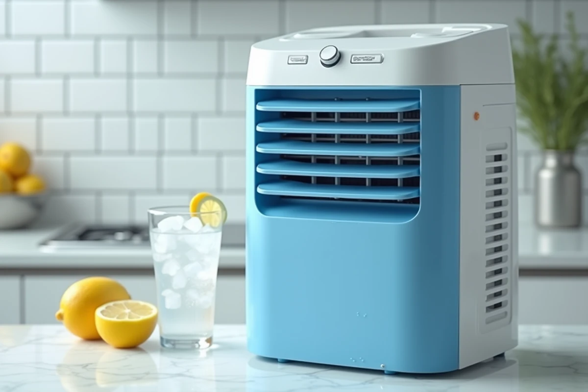 Gros plan sur le panneau de commande et la grille d'un rafraîchisseur d'air portable posé sur un plan de travail en marbre blanc
