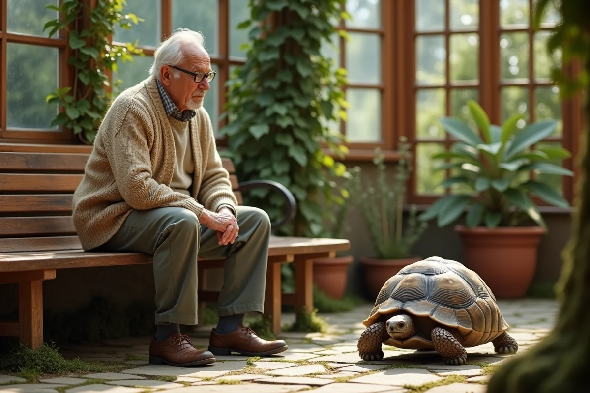 Un homme âgé observe une tortue d'Hermann s'approcher de lui dans une véranda, illustrant la question de la reconnaissance des humains par les tortues