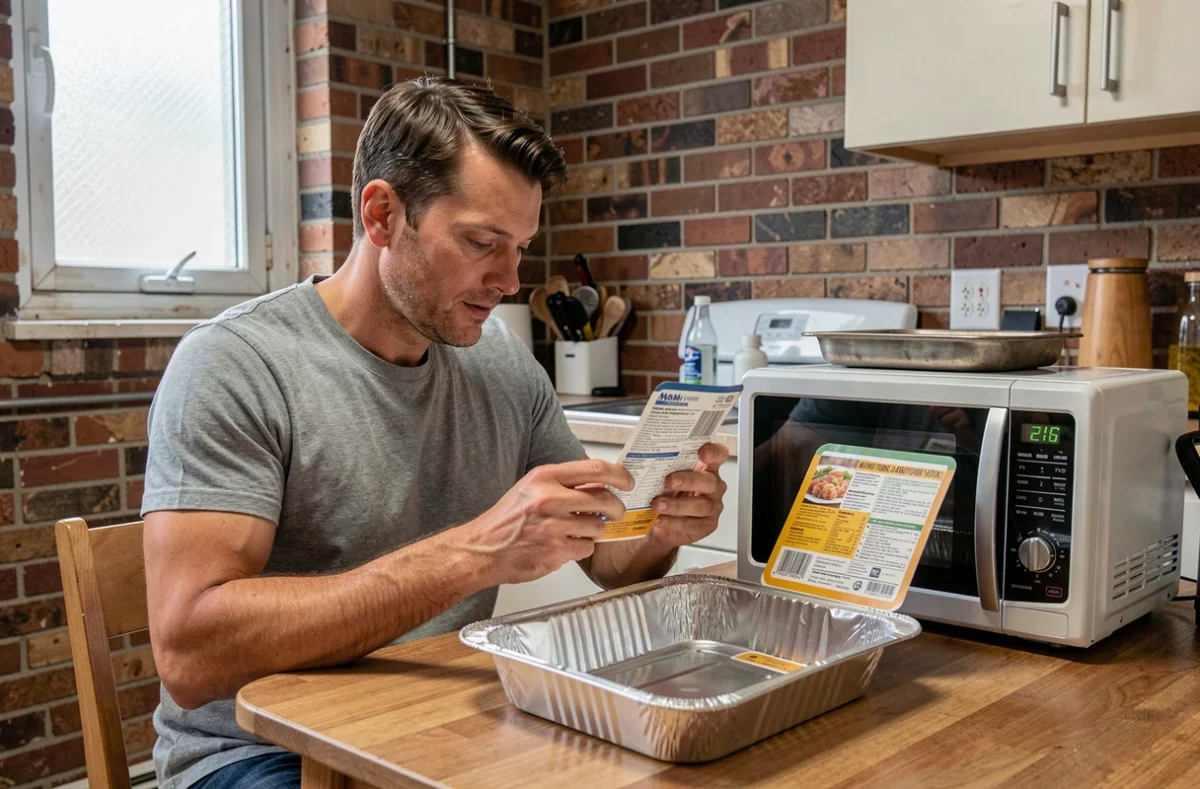 Homme lisant les instructions d'un repas surgelé à côté d'une barquette en aluminium et d'un micro-ondes dans un appartement