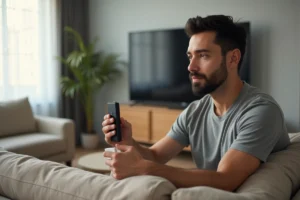 Homme tenant un Mi TV Stick devant un téléviseur dans un salon moderne pour regarder la TNT
