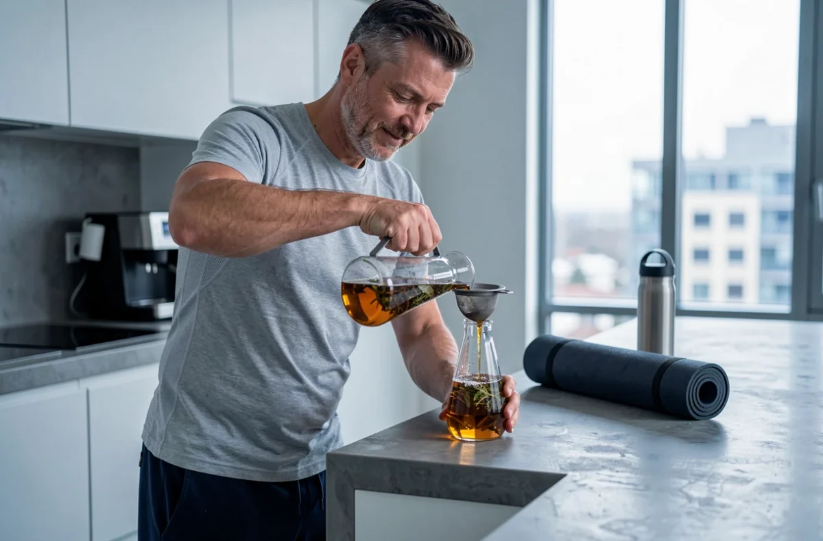 Homme préparant une tisane minceur naturelle dans une cuisine moderne avant une séance de sport