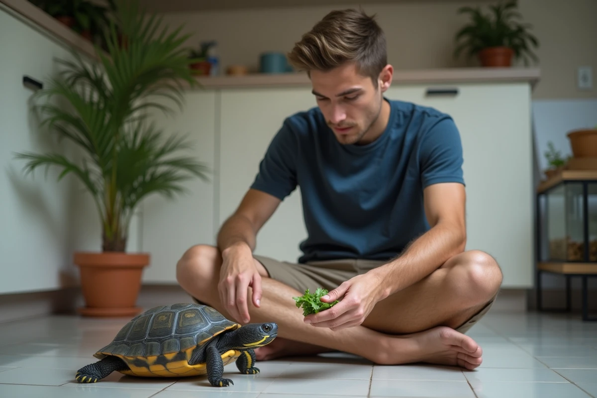 Un jeune homme nourrit une tortue à oreilles rouges sur le sol de sa cuisine, suggérant un lien d'habitude entre l'animal et son maître