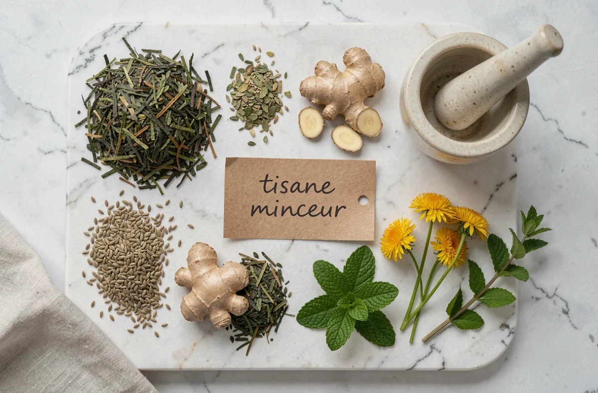 Assortiment d'ingrédients naturels pour tisane minceur posés sur marbre blanc, vue de dessus