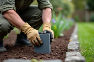 Jardinier installant un piquet de schiste dans la terre d'un massif de jardin