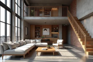 Intérieur d'un appartement duplex moderne avec salon en rez-de-chaussée et mezzanine accessible par un escalier en bois
