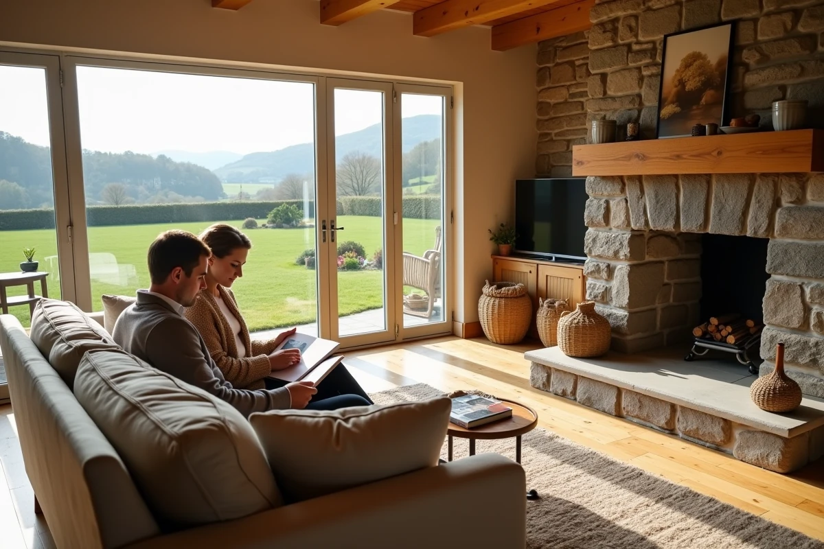 Intérieur chaleureux d'une maison de luxe irlandaise avec cheminée en pierre, plancher en chêne et couple détendu sur un canapé en lin