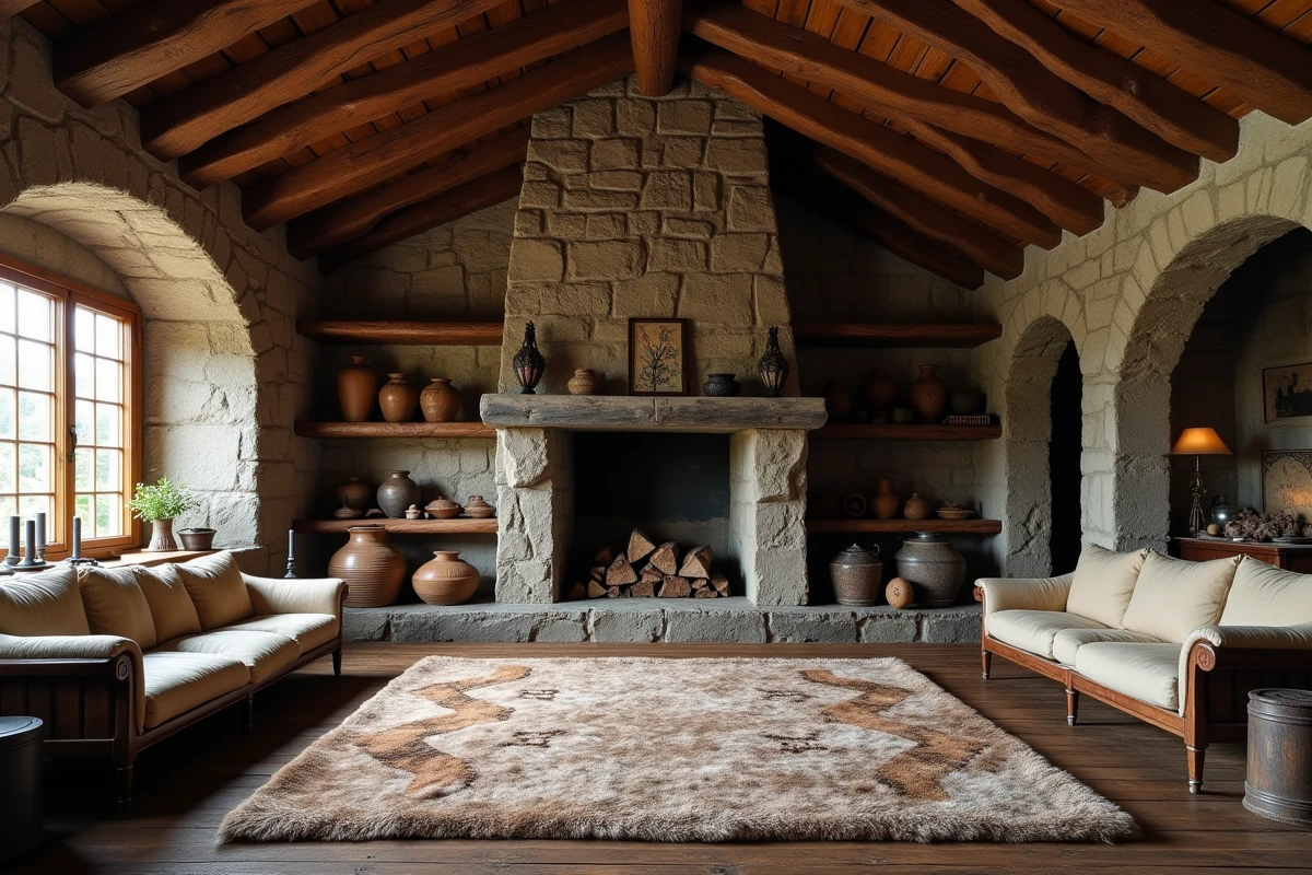 Intérieur rustique d'un manoir nordique avec cheminée en pierre et mobilier médiéval inspiré de Skyrim