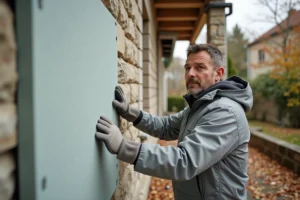 Artisan installant des panneaux d'isolation thermique sur la façade d'une maison en pierre dans le cadre d'une rénovation énergétique