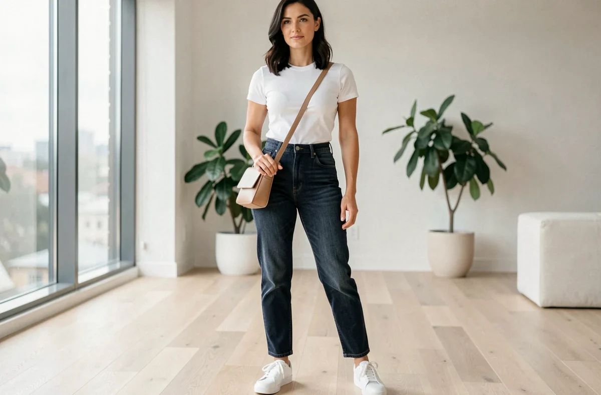 Femme en jean taille haute, baskets blanches et sac en cuir nude dans un appartement moderne lumineux, accessoires casual chic inspirés de Jennifer Garner