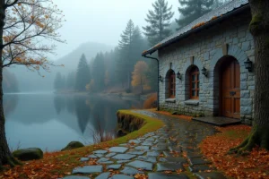 Manoir en pierre au bord d'un lac de montagne brumeux dans un décor nordique inspiré de Skyrim