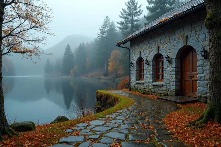 Manoir en pierre au bord d'un lac de montagne brumeux dans un décor nordique inspiré de Skyrim