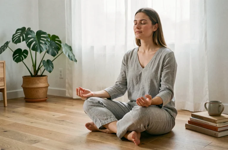 Femme pratiquant la méditation chez elle sur un parquet en chêne dans un salon minimaliste scandinave pour améliorer son bien-être quotidien
